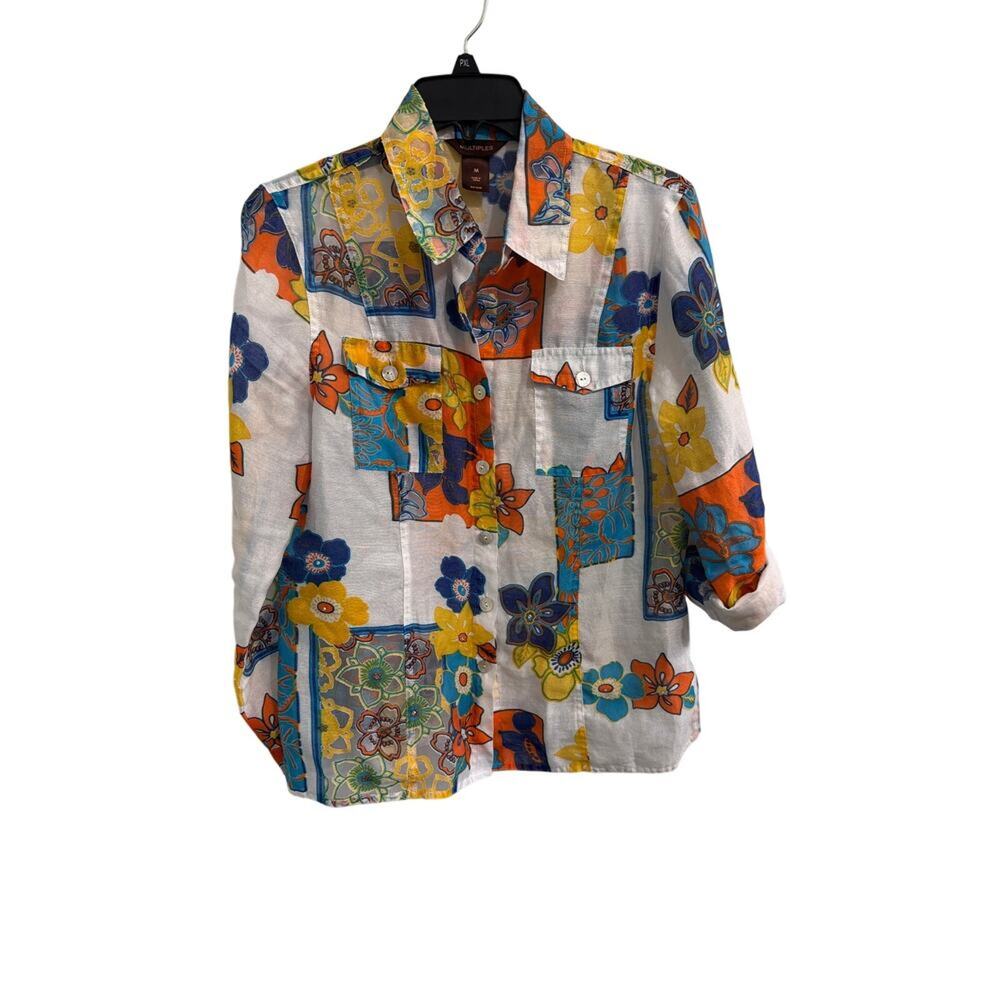 Multiples Blouse Medium Womens Floral Button Sheer Panels Roll Tab Sleeve - Picture 2 of 11